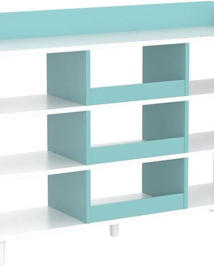 Wooden Cube Bookcase with Legs - 3-Tier Open Shelf Kidsroom Sorted Storage Cabinet Organizer for Books and Toys, 9-Cube Lattice Cute Cubby Bookshelf in White Mixed Westlake Blue, 39" W - LeafyLoom