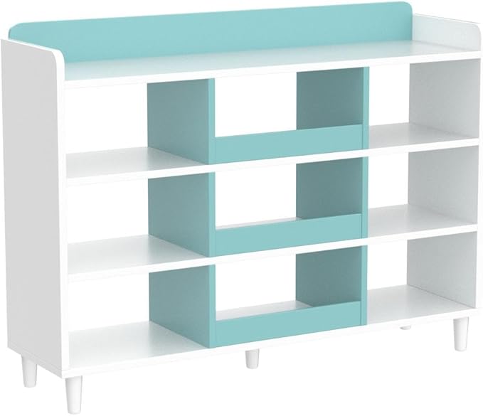 Wooden Cube Bookcase with Legs - 3-Tier Open Shelf Kidsroom Sorted Storage Cabinet Organizer for Books and Toys, 9-Cube Lattice Cute Cubby Bookshelf in White Mixed Westlake Blue, 39" W - LeafyLoom