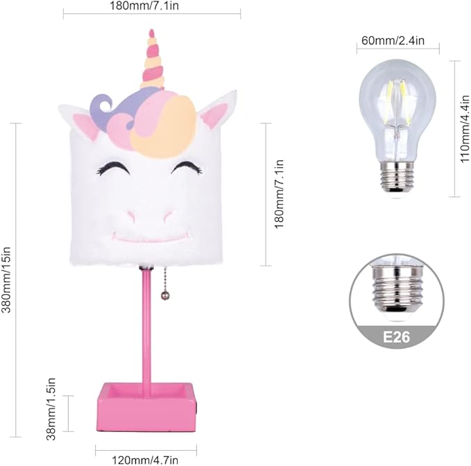 Table Lamp Cute Unicorn Plush Shade Desk Lights for Gifts with 2 USB Charging Ports and 1 Power Outlet for Bedroom Reading & Living Room - LeafyLoom