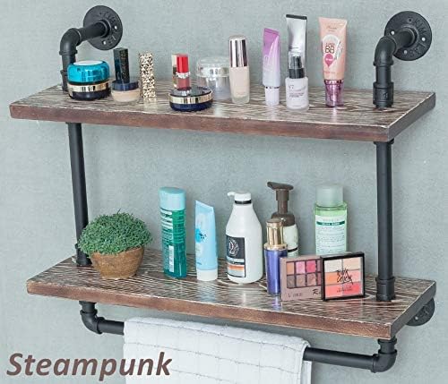 Industrial Retro Wall Mounted Iron Water Pipe Shelf/Bookcase/Shelving – Floating Shelves - Hung Bracket - DIY Storage Bookshelf – Wood Shelf - Towel Bar Hanging Storage Racks - LeafyLoom