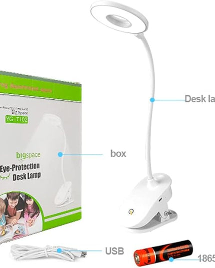 Clip on Lamp,Battery Powered Reading Lamp,Clip on Light for Bed Clip on Battery Light with 3 Brightness Level,USB Rechargeable, Reading Lamp - LeafyLoom
