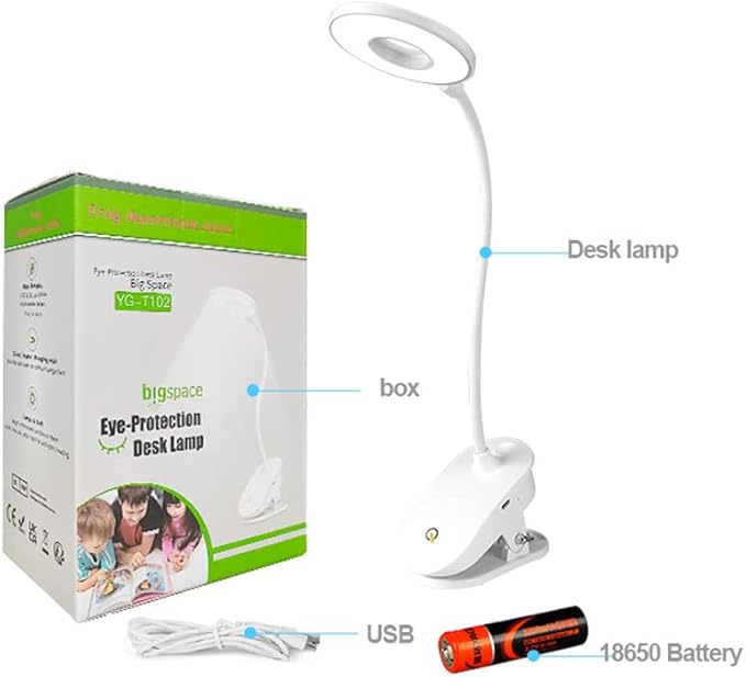 Clip on Lamp,Battery Powered Reading Lamp,Clip on Light for Bed Clip on Battery Light with 3 Brightness Level,USB Rechargeable, Reading Lamp - LeafyLoom