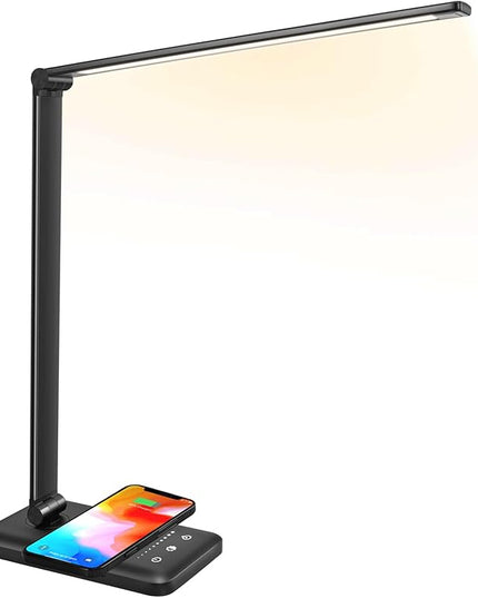 LED Desk Lamp with Wireless Charger, USB Charging Port, 10 Brightness, 5 Color Modes, Desk Lamps for Home Office, Dimmable Table Lamp Eye Caring Reading Light, Touch Control, Auto Timer, Black - LeafyLoom