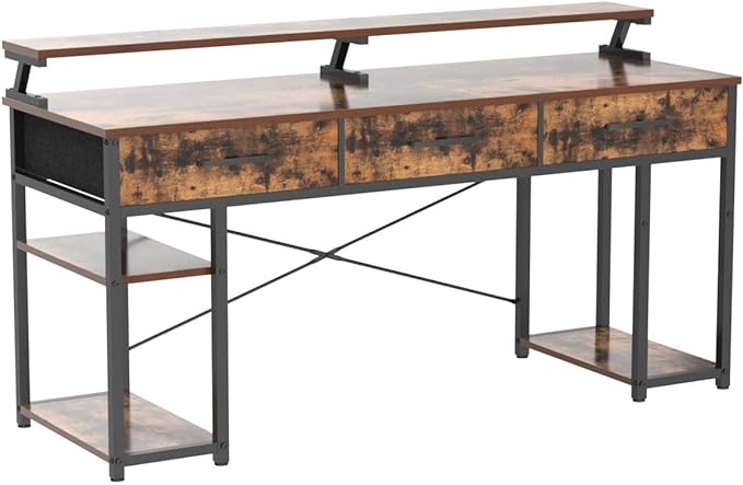 ODK Computer Desk with Drawers and Storage Shelves, 63 inch Home Office desk with Monitor Stand, Modern Work Study writing table Desk for Small Spaces, Vintage - LeafyLoom