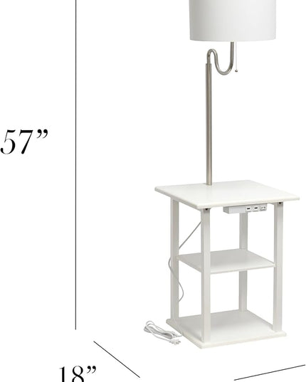 Simple Designs LF2016-WHT 57" Modern 2 Tier End Table Floor Lamp Combination with 2 x USB Charging Ports & Power Outlet with White Drum Fabric Shade for Bedroom, Living Room, Office, White - LeafyLoom