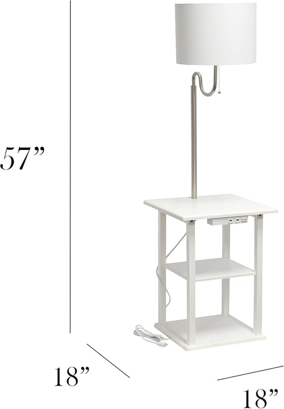Simple Designs LF2016-WHT 57" Modern 2 Tier End Table Floor Lamp Combination with 2 x USB Charging Ports & Power Outlet with White Drum Fabric Shade for Bedroom, Living Room, Office, White - LeafyLoom