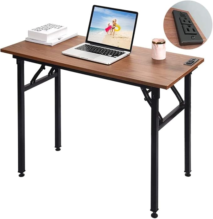 Frylr Small Foldable Desk 43.3''X 19.6''X 29.5'',Foldable Table with 2 Power Sockets and 2.1A USB Charging Ports, Folding Computer Desk for Home Office, No Install Needed, Walnut + Black Leg - LeafyLoom
