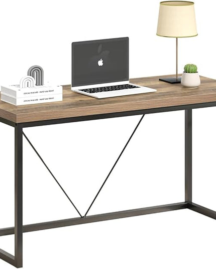 FOLUBAN Modern Computer Desk, Rustic Wood and Metal Writing Desk, Vintage PC Table for Home Office, Oak 55 inch - LeafyLoom