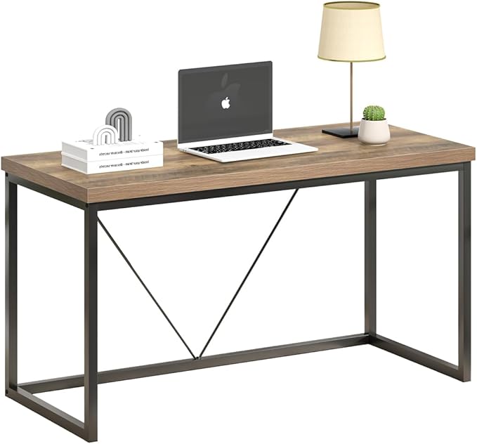 FOLUBAN Modern Computer Desk, Rustic Wood and Metal Writing Desk, Vintage PC Table for Home Office, Oak 55 inch - LeafyLoom
