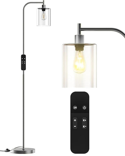 PAZZO LED Floor Lamp, Industrial Standing Lamp with Glass Lampshade, Ideal for Living Room, Bedroom, and Office,Silver(includes Remote Control) - LeafyLoom