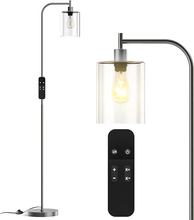 PAZZO LED Floor Lamp, Industrial Standing Lamp with Glass Lampshade, Ideal for Living Room, Bedroom, and Office,Silver(includes Remote Control) - LeafyLoom