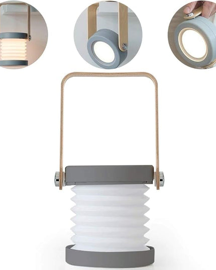 4-in-1 Foldable Table Lamp,USB Retractable LED Light,Wooden Handle Portable Lantern Light and Flashlight,Touch Control Dimmable 3 Level Brightness Night Light for Reading, Outdoor Camping (Grey) - LeafyLoom