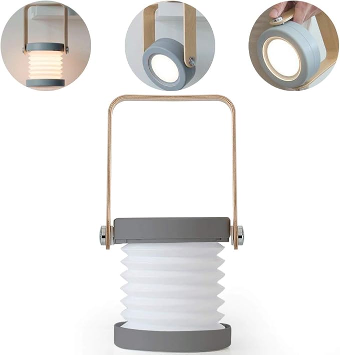 4-in-1 Foldable Table Lamp,USB Retractable LED Light,Wooden Handle Portable Lantern Light and Flashlight,Touch Control Dimmable 3 Level Brightness Night Light for Reading, Outdoor Camping (Grey) - LeafyLoom