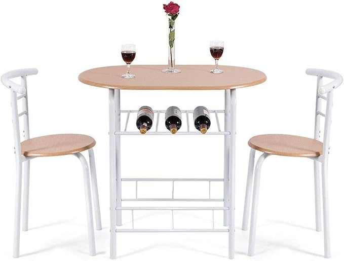 FANTASK 3 Pieces Dining Set, Breakfast Table Set w/Metal Frame and Storage Shelf, Compact Table and 2 Chairs Set for Home Bistro Pub Apartment Kitchen Dining Room Cafe - LeafyLoom