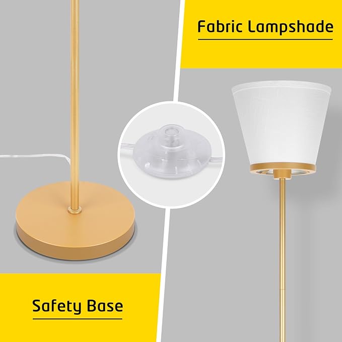 Gold Floor Lamp for Living Room, Standing Lamp for Bedroom Office, 3 Color Temperatures Tall Floor Lamp Reading Floor Lamp with White Fabric Shape. 15W Bulb Included. - LeafyLoom