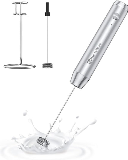 Maestri House Rechargeable Milk Frother with Stand, Handheld Electric Foam Maker Waterproof Detachable Stainless Steel Whisk Drink Mixer Foamer for Lattes, Cappuccino - LeafyLoom