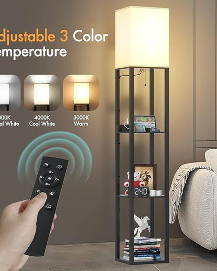 PAZZO Floor lamp with Shelves, Shelf Floor Lamp with Remote Control, Solid Wood with 2 Charging Ports and 1 Power Outlet, 4 Color Temperatures with Intelligence Bulb, Lamps for Livingroom, Bedroom - LeafyLoom