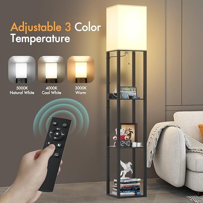 PAZZO Floor lamp with Shelves, Shelf Floor Lamp with Remote Control, Solid Wood with 2 Charging Ports and 1 Power Outlet, 4 Color Temperatures with Intelligence Bulb, Lamps for Livingroom, Bedroom - LeafyLoom