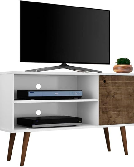 Manhattan Comfort Liberty Mid Century Modern TV Stand for Televisions up to 46 Inches, Bedroom and Living Room Entertainment Center with Storage, Shelves, and Cabinet, 43" Wide, White/Rustic Brown - LeafyLoom