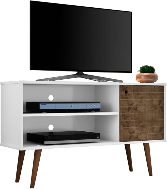 Manhattan Comfort Liberty Mid Century Modern TV Stand for Televisions up to 46 Inches, Bedroom and Living Room Entertainment Center with Storage, Shelves, and Cabinet, 43" Wide, White/Rustic Brown - LeafyLoom