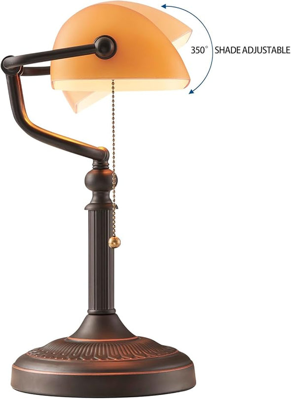Newrays Matted Orange Glass Bankers Desk Lamp with Pull Chain Switch Plug in Fixture - LeafyLoom