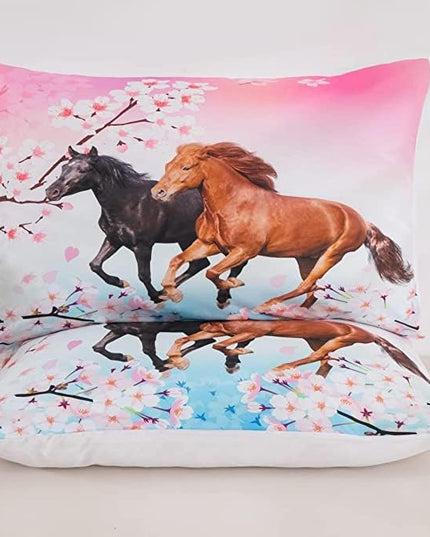 Feelyou Kids Horse Comforter Set for Girls King Size Chic Cherry Blossom Bedding Set for Horse Lover Gift Galloping Horse Printed Comforter 3D Wild Animal Duvet Set Bedroom Decor Quilt Set 3Pcs - LeafyLoom