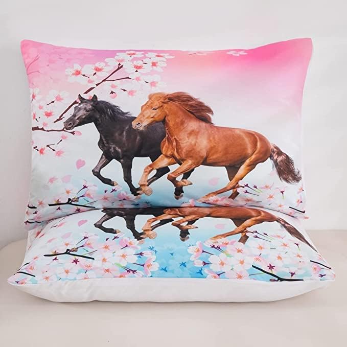 Feelyou Kids Horse Comforter Set for Girls King Size Chic Cherry Blossom Bedding Set for Horse Lover Gift Galloping Horse Printed Comforter 3D Wild Animal Duvet Set Bedroom Decor Quilt Set 3Pcs - LeafyLoom