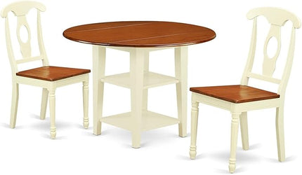 East West Furniture SUKE3-BMK-W Sudbury 3 Piece Set for Small Spaces Contains a Round Dining Room Table with Dropleaf & Shelves and 2 Wooden Seat Chairs, 42x42 Inch - LeafyLoom