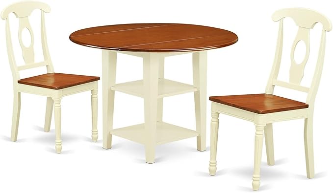 East West Furniture SUKE3-BMK-W Sudbury 3 Piece Set for Small Spaces Contains a Round Dining Room Table with Dropleaf & Shelves and 2 Wooden Seat Chairs, 42x42 Inch - LeafyLoom