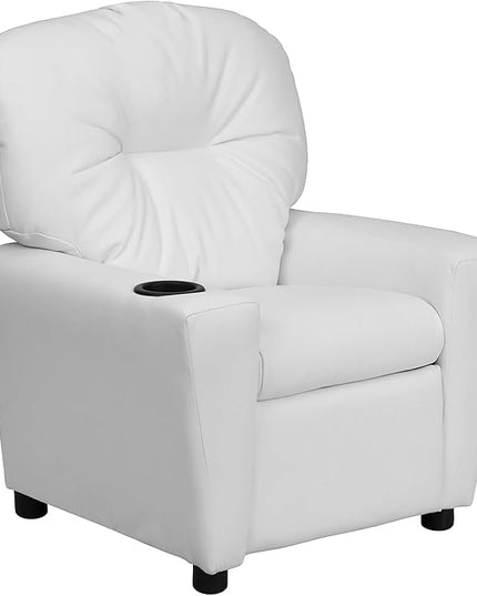 Flash Furniture Chandler Vinyl Kids Recliner with Cup Holder and Safety Recline, Contemporary Reclining Chair for Kids, Supports up to 90 lbs., White - LeafyLoom