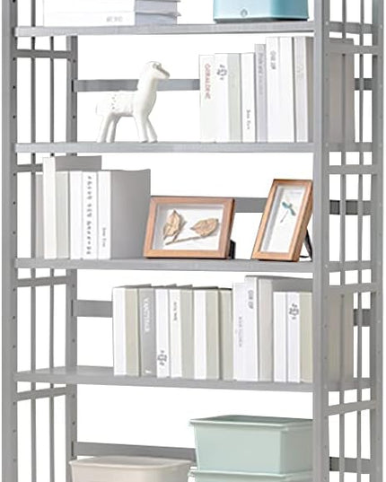 IOTXY Bamboo Open Bookshelf - Large 5-Tier Free-Standing Storage Rack, Multifunctional Display Stand for Bookcase, Office and Home, Light Grey - LeafyLoom