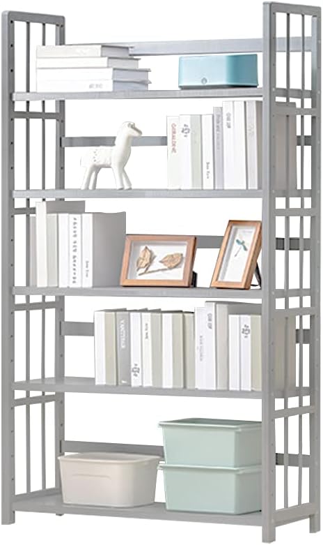 IOTXY Bamboo Open Bookshelf - Large 5-Tier Free-Standing Storage Rack, Multifunctional Display Stand for Bookcase, Office and Home, Light Grey - LeafyLoom
