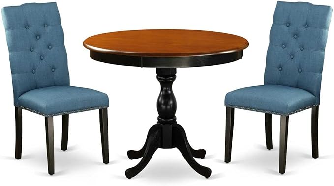 East West Furniture Antique 3 Piece Set Contains a Round Kitchen Table with Pedestal and 2 Blue Linen Fabric Parsons Dining Chairs, 36x36 Inch, Black & Cherry - LeafyLoom
