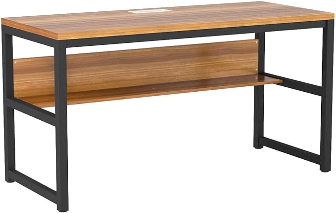 TOPSKY Computer Desk with Bookshelf/Metal Hole Cable Cover 1.18" Thick Desk (55", Oak Brown) - LeafyLoom