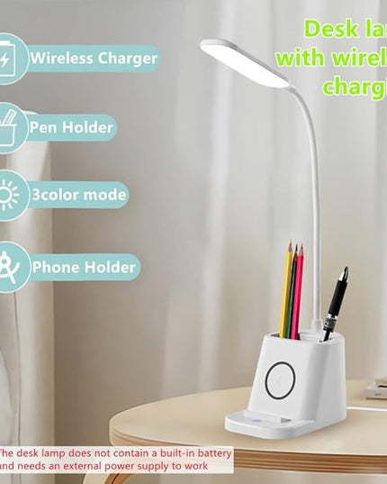 Small Desk Lamp with Wireless Charger, Desk Lights for Home Office - LED, White,Brightness Adjustment, 3 Color Modes,500LM, Study Lamp with Pen Holder， Desktop Study Desk Lamp for College Dorm Room - LeafyLoom