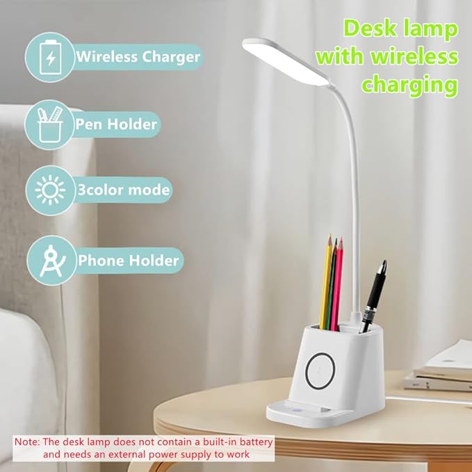Small Desk Lamp with Wireless Charger, Desk Lights for Home Office - LED, White,Brightness Adjustment, 3 Color Modes,500LM, Study Lamp with Pen Holder， Desktop Study Desk Lamp for College Dorm Room - LeafyLoom