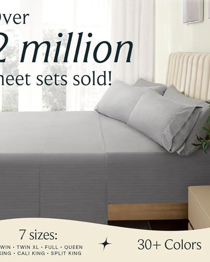 LuxClub 6 PC King Size Sheet Set Bed Sheets, Breathable Luxury Bed Sheets, Deep Pockets 18" Wrinkle Free Cooling Bed Sheets Machine Washable Hotel Bedding (King, Striped Light Grey) - LeafyLoom