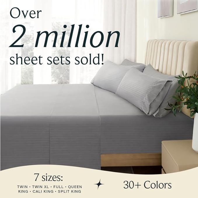 LuxClub Striped Sheets, 4 PC Striped Bed Sheets Twin Size, Deep Pockets 18" Eco Friendly Wrinkle Free-Kids-Fitted Sheets Machine Washable Hotel Bedding (Twin XL, Light Grey) - LeafyLoom