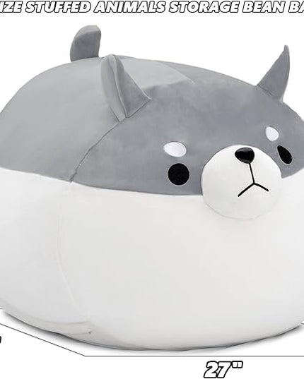 Stuffed Animal Storage Bean Bag Chair Cover for Kids Grey Shiba Inu Dog Bean Bag Chair for Girls X-Large Size Toy Organizer Cover Only Without Filling - LeafyLoom