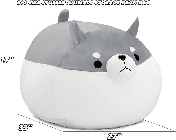 Stuffed Animal Storage Bean Bag Chair Cover for Kids Grey Shiba Inu Dog Bean Bag Chair for Girls X-Large Size Toy Organizer Cover Only Without Filling - LeafyLoom