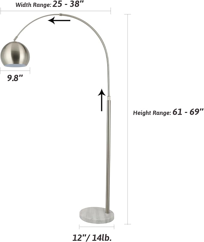 CO-Z Modern Arc Floor Lamp with 360° Rotatable Hanging Shade Adjustable Nickel Standing Reading Light with Marble Base Contemporary Arch Metal Pole Task Lamp for Living Room Couch Sofa, 69 Inch - LeafyLoom