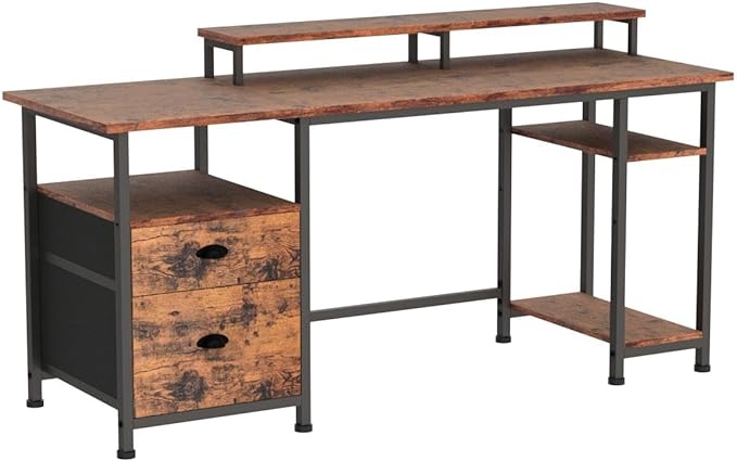 Furologee Computer Desk with Shelves and Drawer, 61" Long Desk with Fabric File Drawer, Industrial Writing Desk with Large Monitor Stand, Study Table Workstation for Home Office, Rustic Brown - LeafyLoom