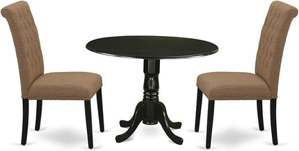 East West Furniture DLBR3-BLK-17 3 Piece Dining Room Furniture Set Contains a Round Dining Table with Dropleaf and 2 Light Sable Linen Fabric Upholstered Chairs, 42x42 Inch, Black - LeafyLoom