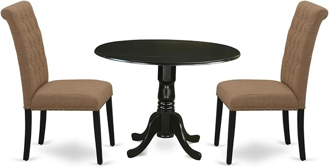 East West Furniture DLBR3-BLK-17 3 Piece Dining Room Furniture Set Contains a Round Dining Table with Dropleaf and 2 Light Sable Linen Fabric Upholstered Chairs, 42x42 Inch, Black - LeafyLoom