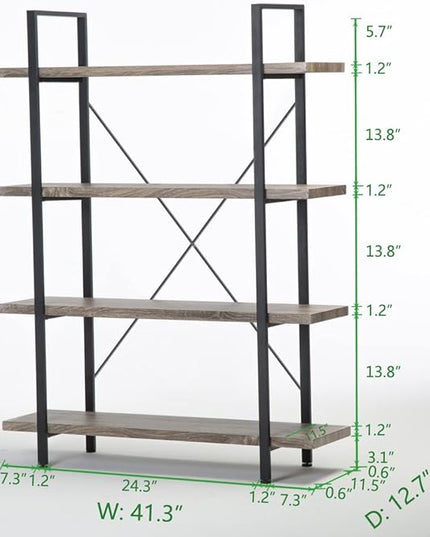 HSH 4-shelf Vintage Industrial Bookshelf, Rustic Gray Wood and Metal 4 Tier Bookcase, Open Wide Etagere Book Shelf for Home Office Livingroom Bedroom Dispaly, Light Grey Oak - LeafyLoom