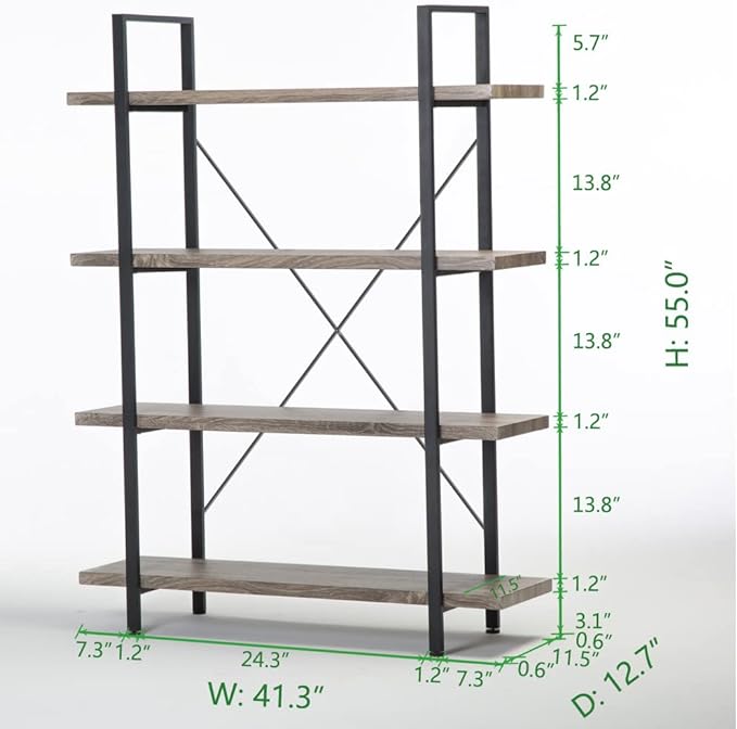 HSH 4-shelf Vintage Industrial Bookshelf, Rustic Gray Wood and Metal 4 Tier Bookcase, Open Wide Etagere Book Shelf for Home Office Livingroom Bedroom Dispaly, Light Grey Oak - LeafyLoom