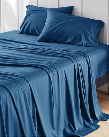 Bedsure King Size Sheet Set, Cooling Sheets King, Rayon Derived from Bamboo, Deep Pocket Up to 16", Breathable & Soft Bed Sheets, Hotel Luxury Silky Bedding Sheets & Pillowcases, Peacock Blue - LeafyLoom