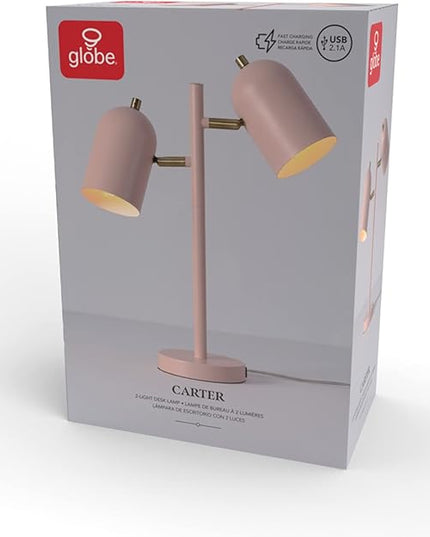 Globe Electric 30290 Carter 18" 2-Light Desk Lamp, Matte Pink, Matte Brass Accents, 2.1A USB Port, On/Off Rotary Switch on Each Shade - LeafyLoom
