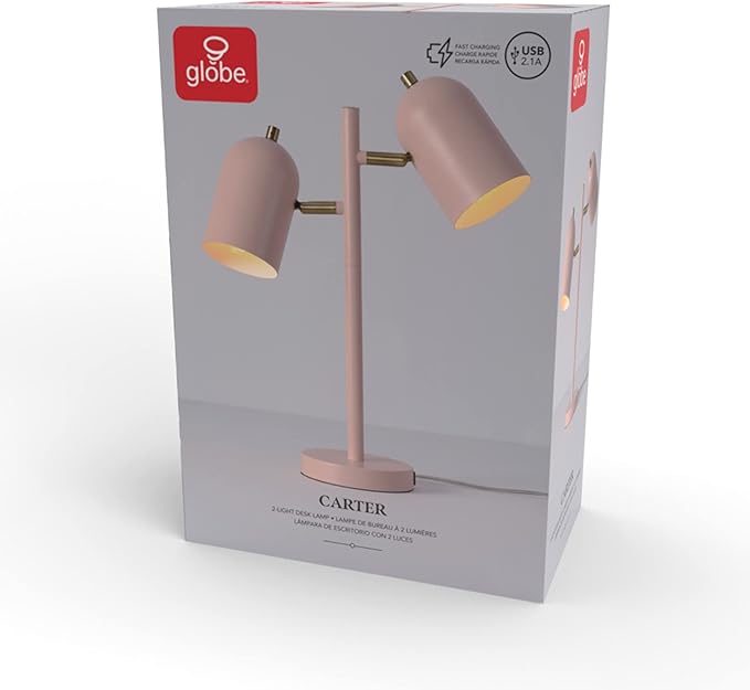 Globe Electric 30290 Carter 18" 2-Light Desk Lamp, Matte Pink, Matte Brass Accents, 2.1A USB Port, On/Off Rotary Switch on Each Shade - LeafyLoom