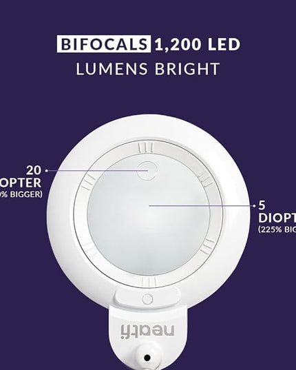 Neatfi XL Bifocals 1,200 Lumens Super LED Magnifying Lamp with Clamp, 3 Light Modes, Correlated Color Temperature Control (3000K-4500K-6000K), 12W, 120 Pcs SMD LED (White, 6 Inch Lens) - LeafyLoom